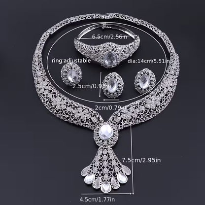 Vintage Golden Filigree Jewelry Set with Synthesis Created-Sapphire Artificial Crystal - Necklace Earrings Bangle Ring for Wedding Party Prom Bridal Jewelry Gift