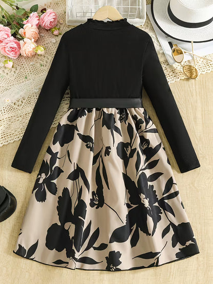 Graceful Girls' Dress - Black Long-Sleeve Top with Floral Print Skirt and Sweet Bow Belt, Perfect for Spring and Autumn Seasons