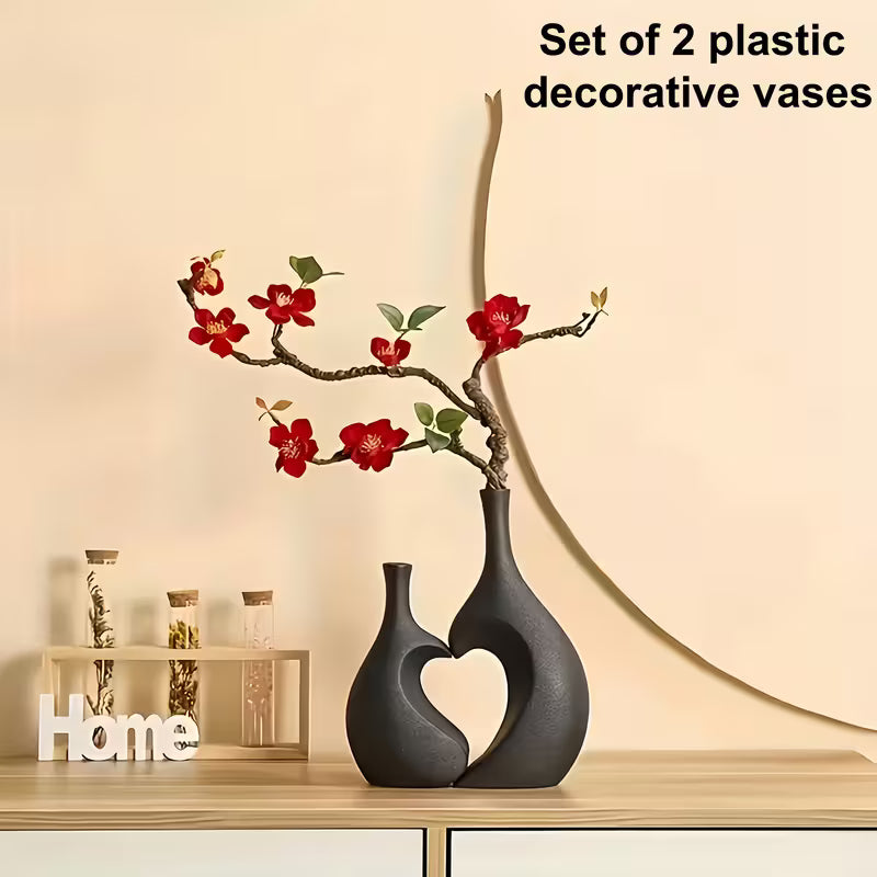 2pcs Modern Bohemian Black & White Bell Vase Set with Heart Decor - Plastic Flower Vases for Home, Wedding, Table Centerpiece - Bell-Shaped Vase & Heart Accent, Easy Assembly with Real/Dry Flowers, Space-Saving Decorative Vase Combo Gift