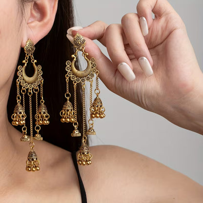 Elegant Retro Bohemian Style Earrings with a Hong Kong Flair, Featuring Long Tassels And Bells That Add a Unique Touch And Complement Any Outfit While Enhancing The Appearance of a Slimmer Face