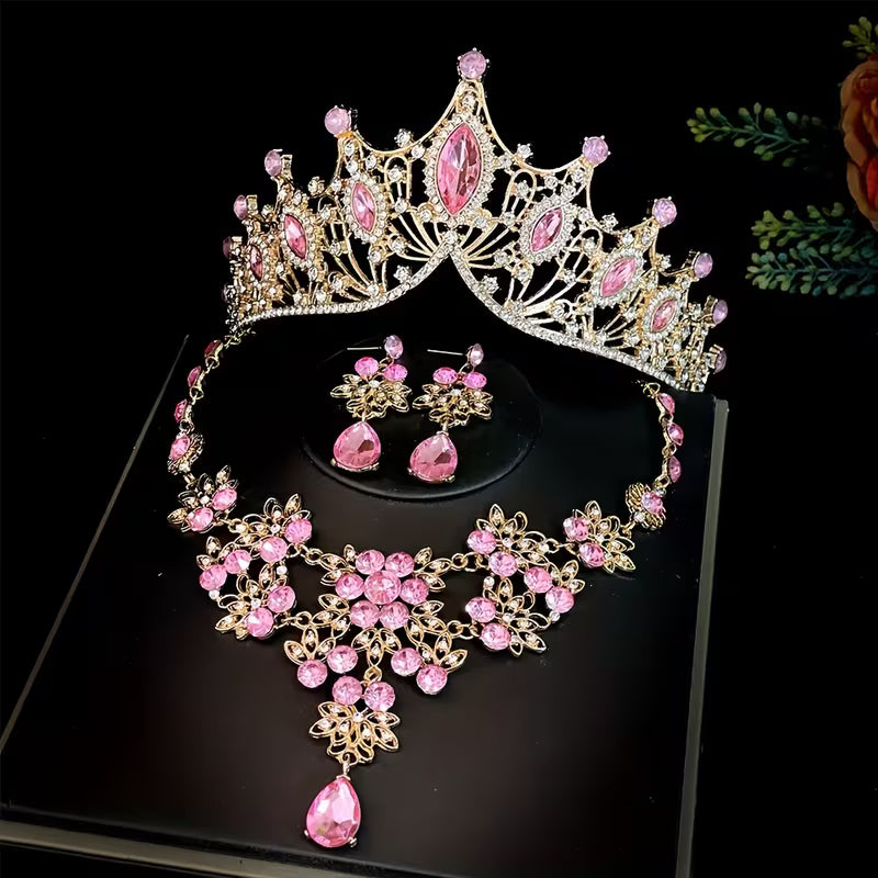 Three-Piece Bridal Crown Set Including a Tiara, Necklace, And Earrings, Perfect for Fairy-Tale Weddings, Photo Shoots, And Parties