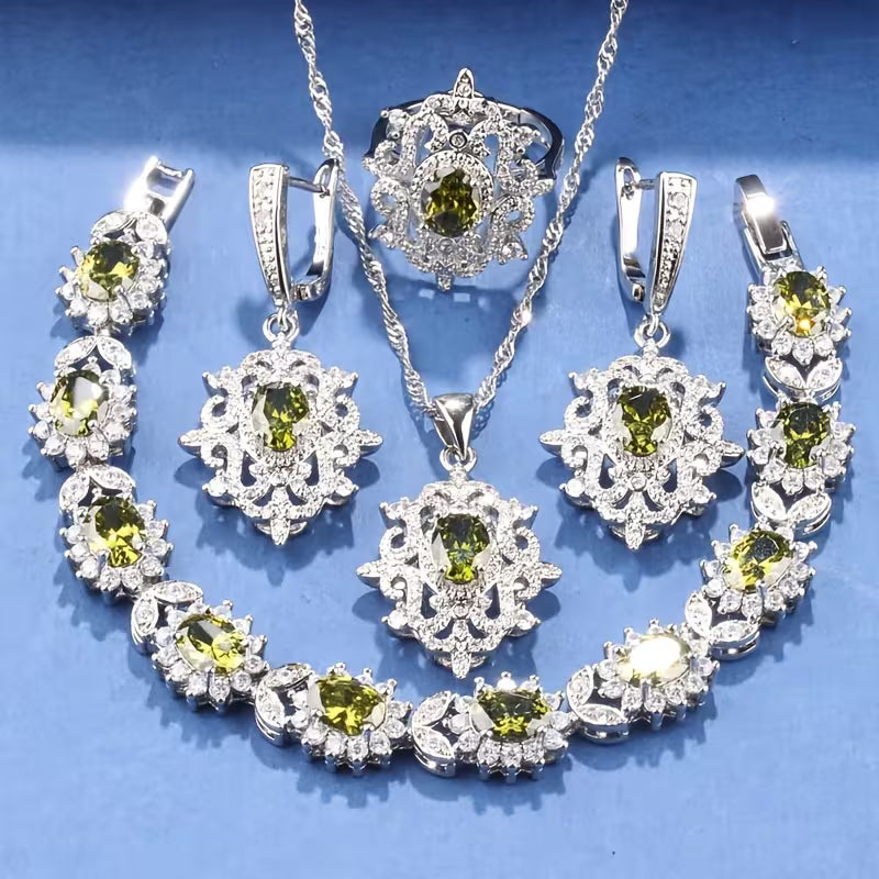 5pcs Luxury Elegant Jewelry Set, 18K Golden Plated Copper, with Synthetic Emerald & Cubic Zirconia, Includes Earrings, Necklace, Pendant, Ring, Bracelet, for Daily & Party Wear, Ideal for Christmas & All Seasons
