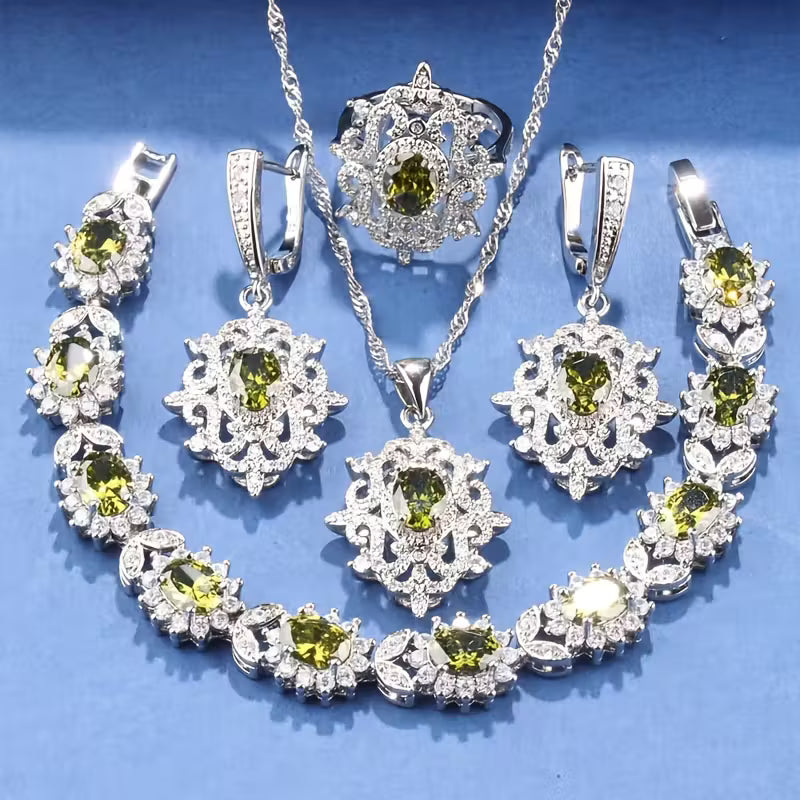 5pcs Luxury Elegant Jewelry Set, 18K Golden Plated Copper, with Synthetic Emerald & Cubic Zirconia, Includes Earrings, Necklace, Pendant, Ring, Bracelet, for Daily & Party Wear, Ideal for Christmas & All Seasons