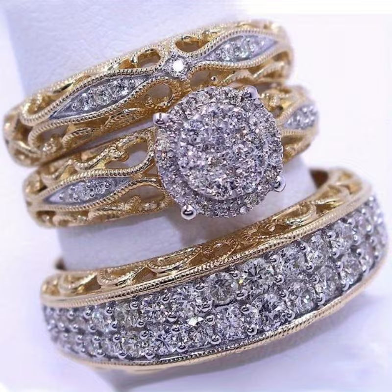 3pcs Set: A Gorgeous and Noble Ladies' Engagement Ring Set, Luxuriously Plated with 14k Golden and Adorned with Sparkling Synthetic Synthetic Zirconia. A Charming Party Jewelry Accessory, Perfect as a Valentine's Day Gift for Women