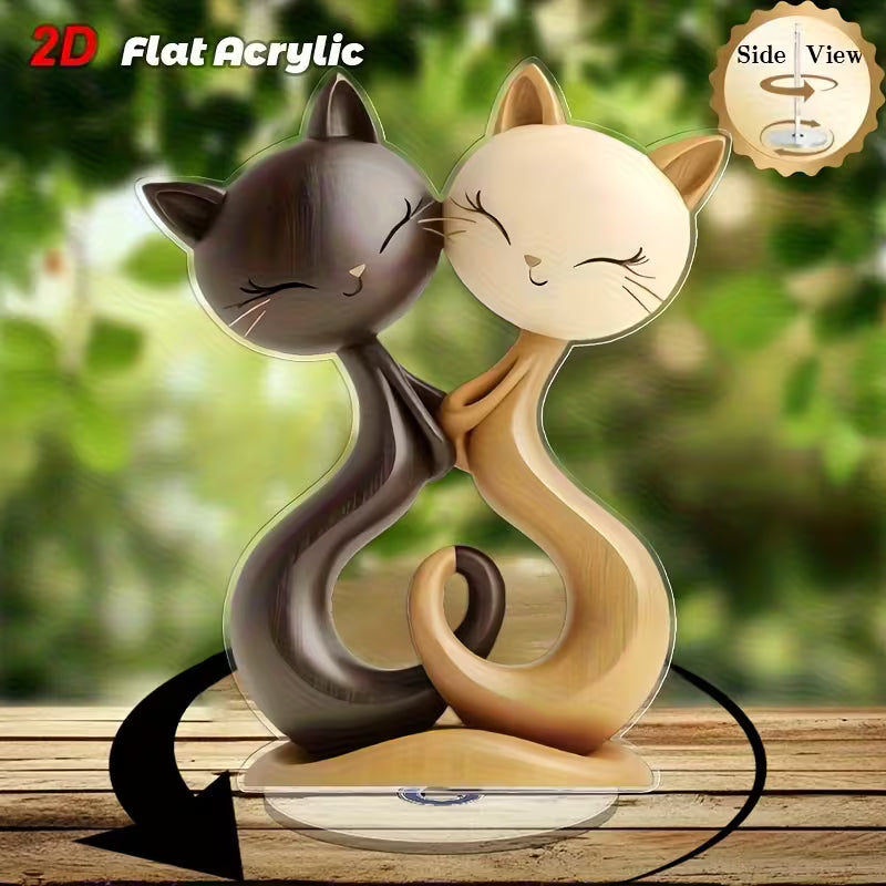 2D Flat, 1pc Rotating Acrylic Tabletop Decor with Smiling Tabby Cat Couple - Black & White Brown Beige Modern Desktop Display, 360° Spin Base Suitable for Home, Office, Farmhouse - Durable / Use, Perfect Gift for Birthdays, Housewarming, Valentine's