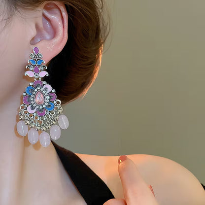 A Pair of Vintage Luxurious Ethnic-style Resin Tassel Earrings with Drip-painted Floral Designs