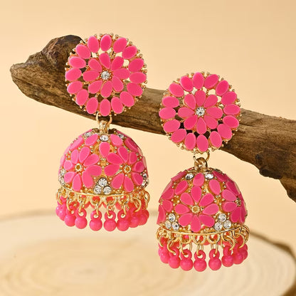 Bohemian Style Ramadan Pendant Earrings, Featuring a Floral Design with Rhinestones And JHUMKA Pendants Paired with Round Bead Tassels, Made of Zinc Alloy, Suitable for Women'S Daily Wear, Festivals, Weddings, And Parties, Or As Gifts
