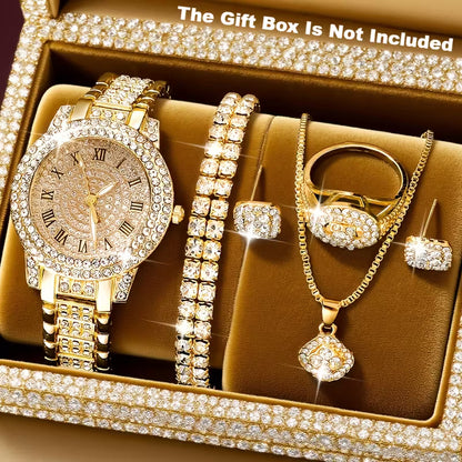 6pcs Luxury Versatile Women's Quartz Watch + Elegant Jewelry Set