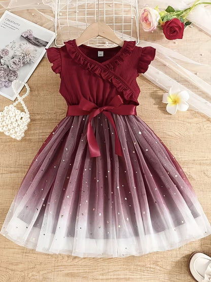 A Vintage Elegant Starry Sky Sequined Mesh Ruffled Lace Hem Princess Dress with a Belt, Perfect for Christmas, Valentine'S Day Gifts, Holiday Parties, Gatherings, Birthdays, Evening Events, Or Everyday Wear