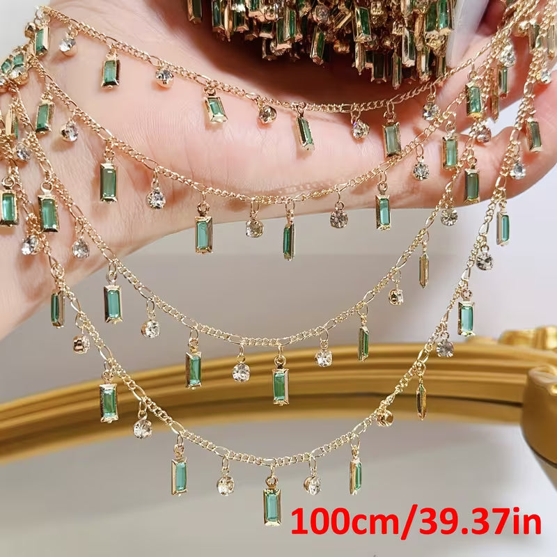 1 Meter Mint Green Rectangular Glass Pendant with Rhinestone Decoration, Copper Chain for Jewelry Making Additions, Jewelry Chain