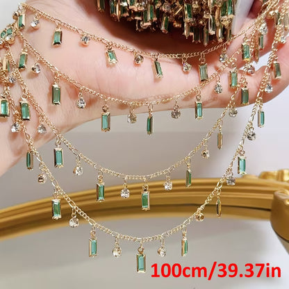 1 Meter Mint Green Rectangular Glass Pendant with Rhinestone Decoration, Copper Chain for Jewelry Making Additions, Jewelry Chain