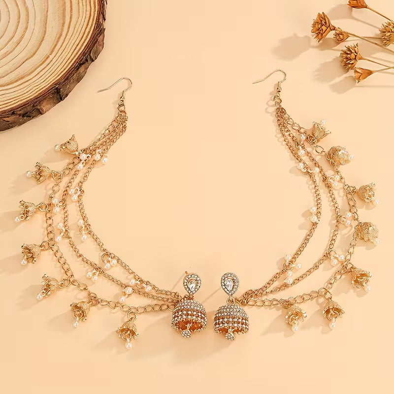 A Stylish Jhumka Set Featuring Detachable Glamorous Rhinestone Earrings with Bell And Faux Pearl Tassels, This Jewelry Ensemble Includes Four Interchangeable Long Chain Indian Additions, Perfect for Women to Wear on a Daily Basis, During Festivals
