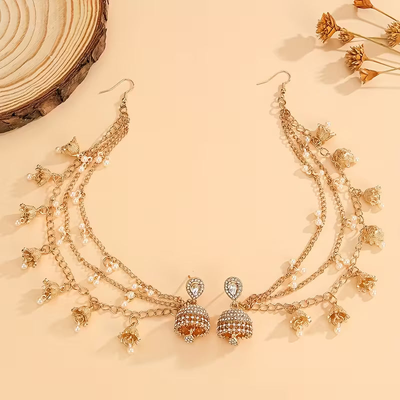 A Stylish Jhumka Set Featuring Detachable Glamorous Rhinestone Earrings with Bell And Faux Pearl Tassels, This Jewelry Ensemble Includes Four Interchangeable Long Chain Indian Additions, Perfect for Women to Wear on a Daily Basis, During Festivals