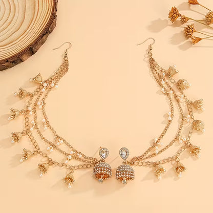 A Stylish Jhumka Set Featuring Detachable Glamorous Rhinestone Earrings with Bell And Faux Pearl Tassels, This Jewelry Ensemble Includes Four Interchangeable Long Chain Indian Additions, Perfect for Women to Wear on a Daily Basis, During Festivals
