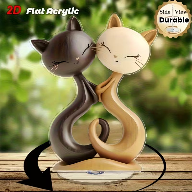 2D Flat, 1pc Rotating Acrylic Tabletop Decor with Smiling Tabby Cat Couple - Black & White Brown Beige Modern Desktop Display, 360° Spin Base Suitable for Home, Office, Farmhouse - Durable / Use, Perfect Gift for Birthdays, Housewarming, Valentine's