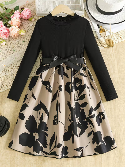 Graceful Girls' Dress - Black Long-Sleeve Top with Floral Print Skirt and Sweet Bow Belt, Perfect for Spring and Autumn Seasons