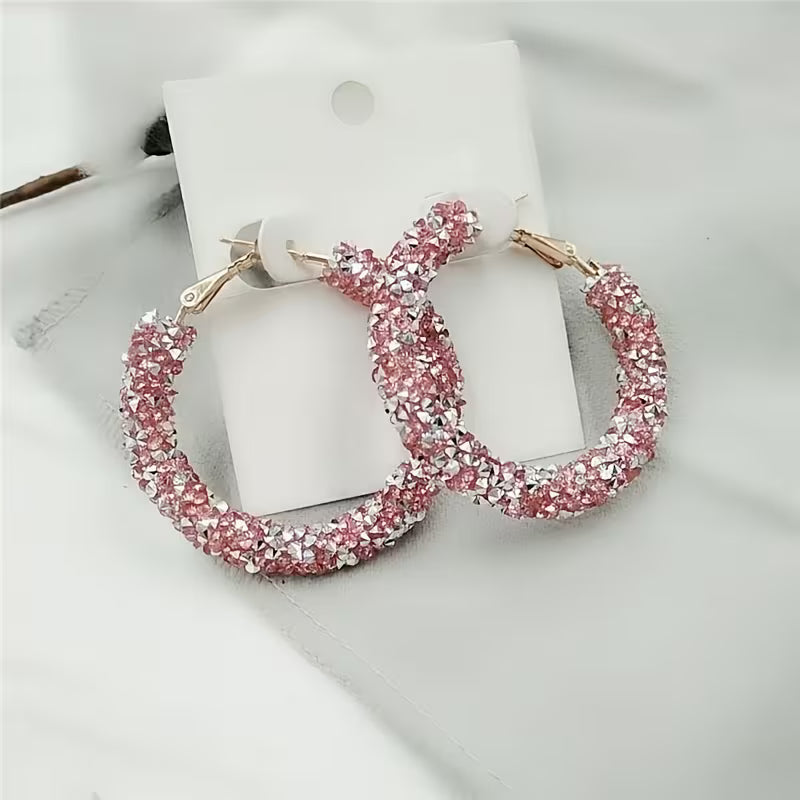 Boho-Chic Sparkling Crystal & Diamond Hoop Earrings - Large, Exaggerated Circular Design for Women | Perfect Birthday Gift
