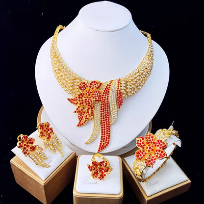 5pcs Women's Jewelry Set Elegant Floral & Leaf Multicolor Sparkling Necklace, Earrings, Bracelet & Adjustable Ring for Wedding, Party, Valentine's Gift - Year-Round Wearable for Special Occasions, Complete Matching Set