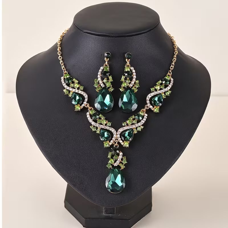 3pcs Set of Light Luxury Emerald Green -encrusted Vintage Alloy Rhinestone Women's Jewelry Set, Suitable for Banquets and Weddings, Ideal for Gifting
