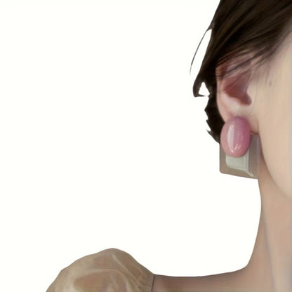 Retro Hong Kong Style Contrasting Color Resin Stud Earrings for Women, New 2025 Model, Suitable for Round Faces, Creates a Smaller Appearance, Lightweight Luxury Feel