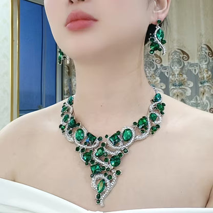 3pcs set of green and blue necklace and earrings, stylish and luxurious, suitable for daily gifts and various live ceremonies, party accessories for women.
