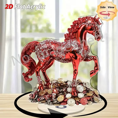 2D Flat, 2D Flat Rotating Red Horse Desktop Decoration- Sparkling Ornament, No Power Required, Suitable Home, Office, Party- Elegant Modern Interior, Desktop Decoration, 2D Flat