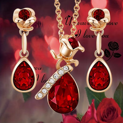 Fashion Rose flower and Droplet Shape Pendant Necklace Earrings Banquet Wedding Anniversary 's jewelry set gift, for Teenager