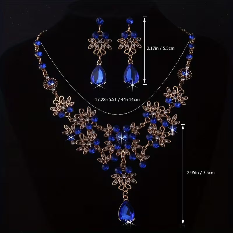 Royal Blue Leaf-Shaped Flower Necklace and Earrings Set for Women, Wedding Chain, Stage Performance Party Hall Necklace