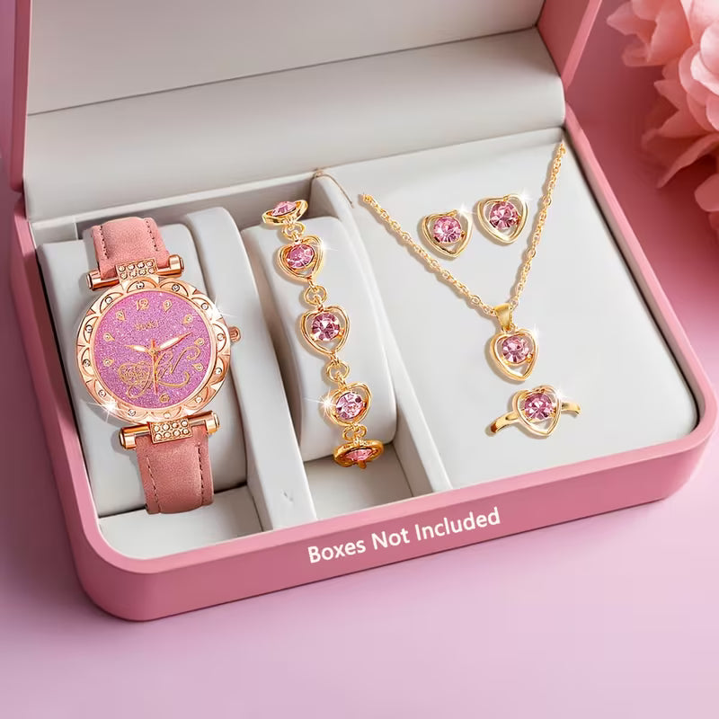 Ladies Watch 6pcs Ladies Fashionable Casual Quartz Watch with Peach Shaped Dial And Heart Necklace Earrings Bracelet Rings Jewelry Set Suitable for Daily Wear, Back-to- Season, Graduation Season, Thanksgiving, Couples, The Best Gifts No Box