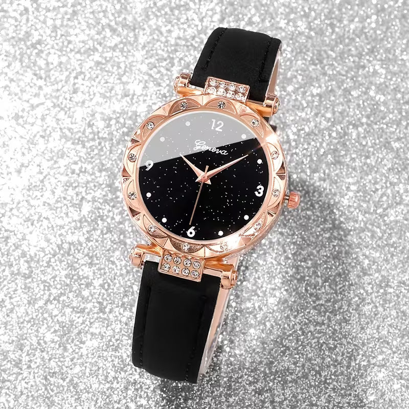 A 5pcs Set Featuring a Women'S Sparkling Rhinestone Quartz Watch with Simulated Faux Leather, Along with a Jewelry Set. It Has a Stylish Round Dial And a Zinc Alloy Case, Making It a Perfect Gift for Mother'S Day, Birthdays, Ramadan