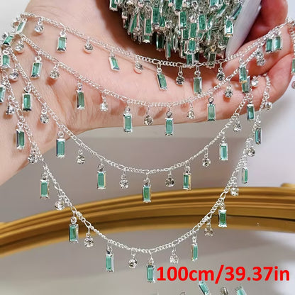 1 Meter Mint Green Rectangular Glass Pendant with Rhinestone Decoration, Copper Chain for Jewelry Making Additions, Jewelry Chain