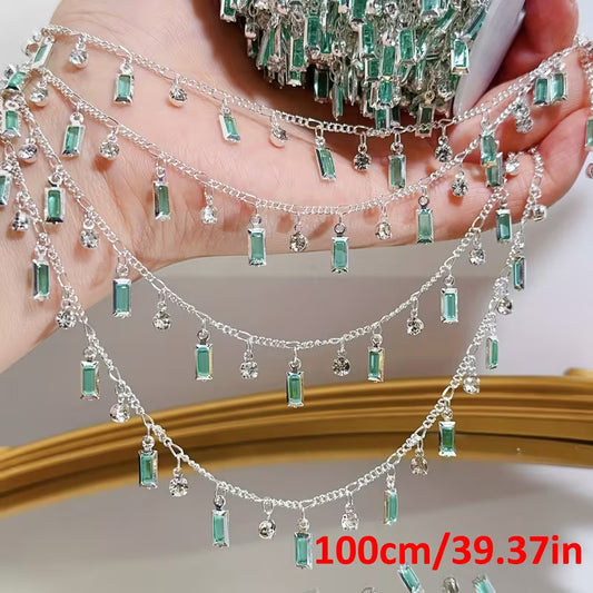 1 Meter Mint Green Rectangular Glass Pendant with Rhinestone Decoration, Copper Chain for Jewelry Making Additions, Jewelry Chain