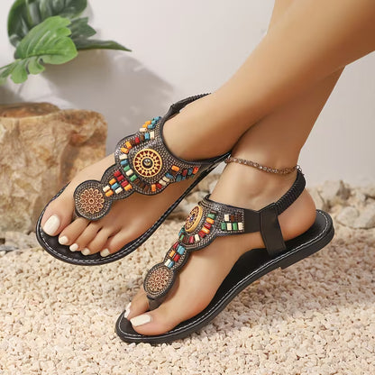 Summer New Vintage Bohemian Ethnic Style Casual Soft Sole Slip-On Sandals, Women Shoes