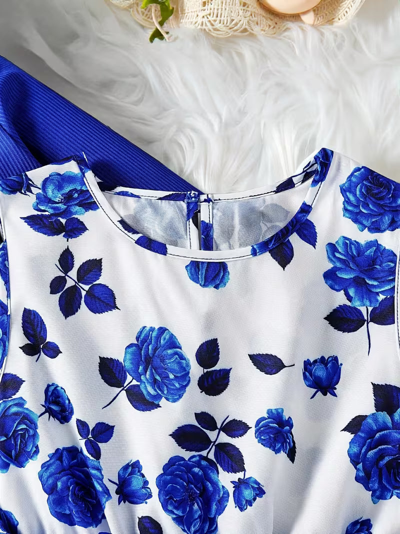 A Sweet Two-Piece Dress Set for Girls Featuring a Fresh Floral Print And Ruffled Hem, Perfect for Vacations And Travel, for Outdoor