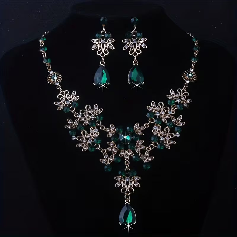 Royal Blue Leaf-Shaped Flower Necklace and Earrings Set for Women, Wedding Chain, Stage Performance Party Hall Necklace