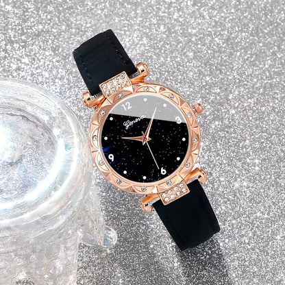 A 5pcs Set Featuring a Women'S Sparkling Rhinestone Quartz Watch with Simulated Faux Leather, Along with a Jewelry Set. It Has a Stylish Round Dial And a Zinc Alloy Case, Making It a Perfect Gift for Mother'S Day, Birthdays, Ramadan