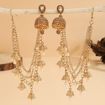 A Stylish Jhumka Set Featuring Detachable Glamorous Rhinestone Earrings with Bell And Faux Pearl Tassels, This Jewelry Ensemble Includes Four Interchangeable Long Chain Indian Additions, Perfect for Women to Wear on a Daily Basis, During Festivals