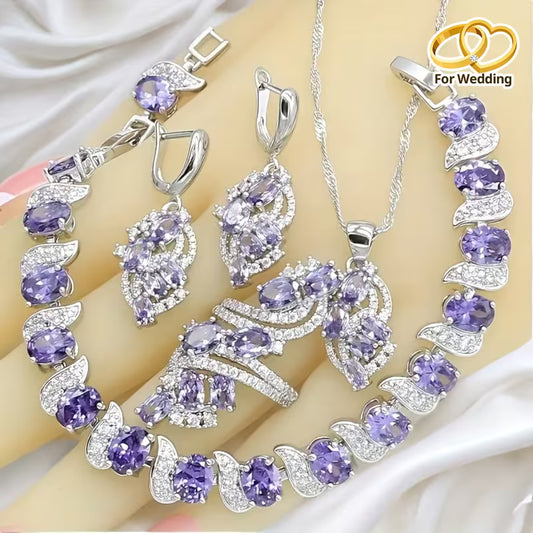 Luxury Elegant 5pcs Jewelry Set for Teenager, Purple Stone Ring, Earrings, Necklace, Bracelet, High-Quality Synthetic Synthetic Zircon for Wedding & Banquet, Hypoallergenic, Mother'S Day gift, Valentine'S Gift, Universal Season Fit, For Teenager