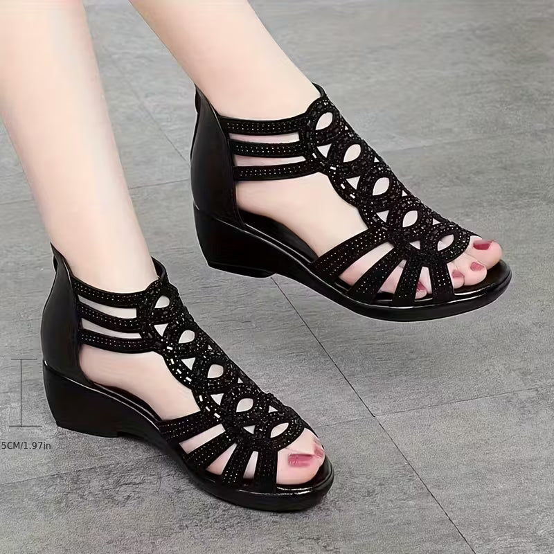 Summer Hollow-Out Thick-Sole Sandals for Women, Open-Toe Roman Style Comfortable Fashionable Mid-Life Mom Shoes, Versatile Women's Footwear, Women Shoes