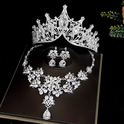 Three-Piece Bridal Crown Set Including a Tiara, Necklace, And Earrings, Perfect for Fairy-Tale Weddings, Photo Shoots, And Parties