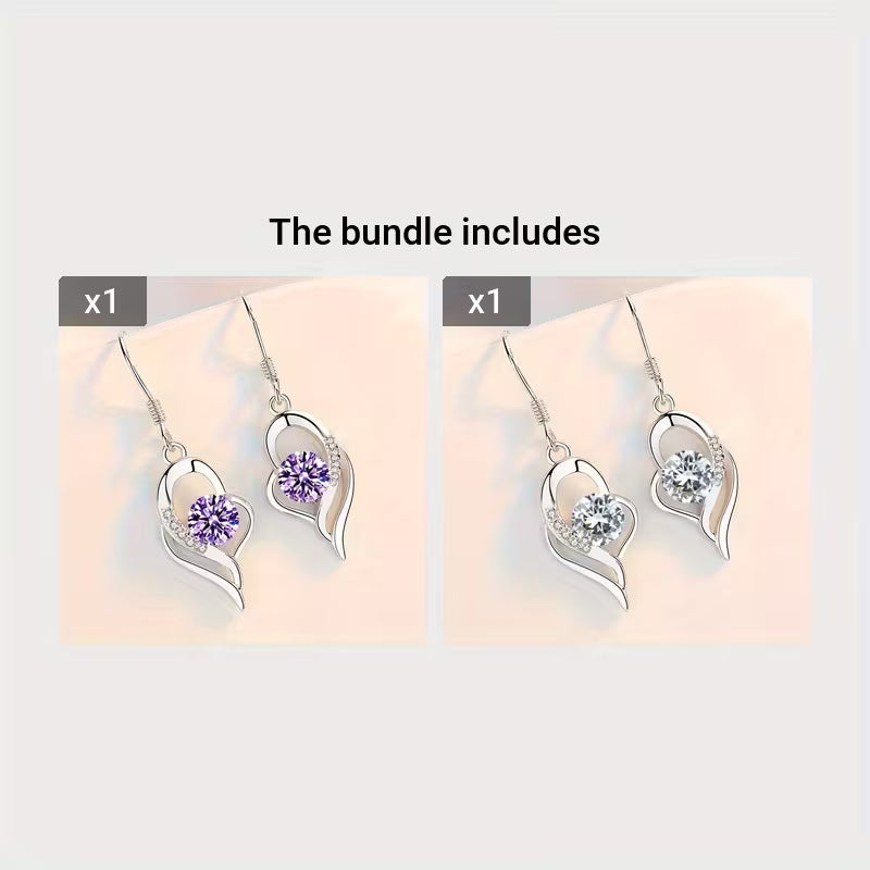 Fashion Silvery Color Love Heart Synthetic Zirconia Hook Earrings Love Temperament Female Angel Wing Drop Dangle Earrings