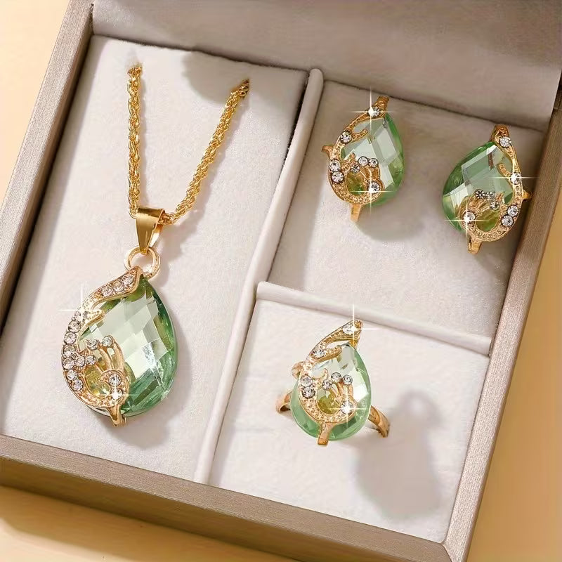 Stylish 4pcs Jewelry Set Featuring Tear Drop Synthetic Zirconia - Includes a Necklace, Earrings, And Rings. Perfect for Casual Vacations, Everyday Wear, And Gifting for Any Occasion Throughout The Year, Including Campus Holidays