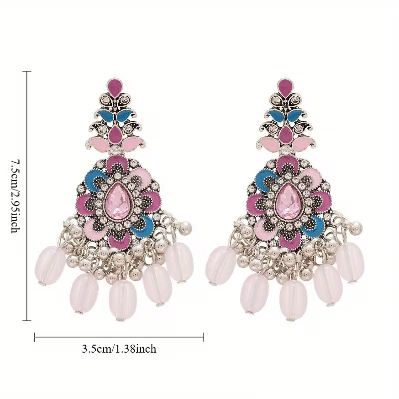 A Pair of Vintage Luxurious Ethnic-style Resin Tassel Earrings with Drip-painted Floral Designs