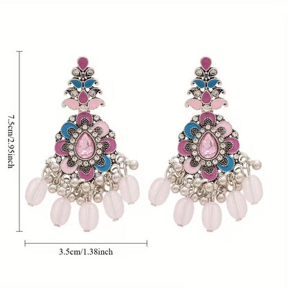 A Pair of Vintage Luxurious Ethnic-style Resin Tassel Earrings with Drip-painted Floral Designs