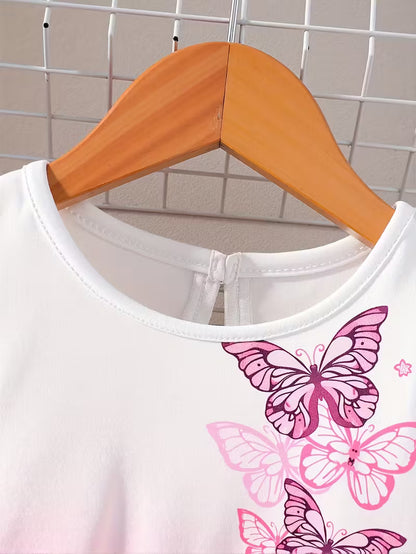 Girls' Fashion Round-neck Flutter-sleeve Ruffle Butterfly Print Princess-style Gradient Butterfly Dress, Suitable for Holidays, Vacations, and the Beach