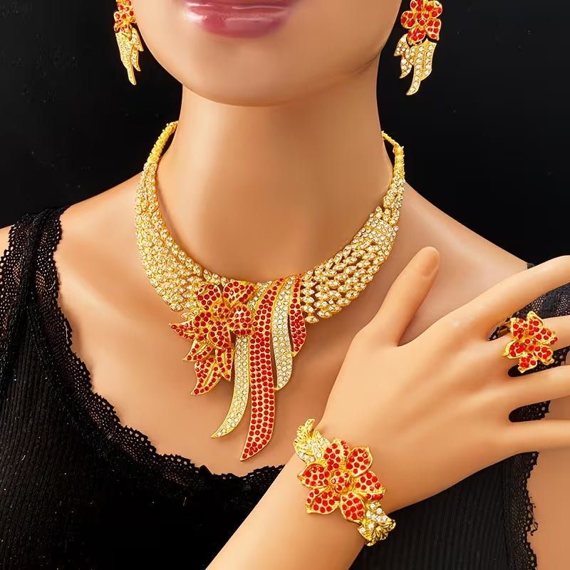 5pcs Women's Jewelry Set Elegant Floral & Leaf Multicolor Sparkling Necklace, Earrings, Bracelet & Adjustable Ring for Wedding, Party, Valentine's Gift - Year-Round Wearable for Special Occasions, Complete Matching Set