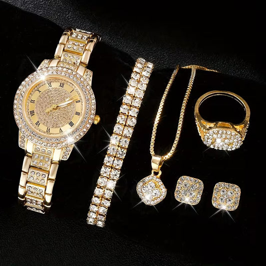 Glamorous 6pcs Women's Quartz Watch & Jewelry Set - Luxury Rhinestone, Square Sparkling Design - Perfect for Valentine's, Easter, Mother's Day Gifts