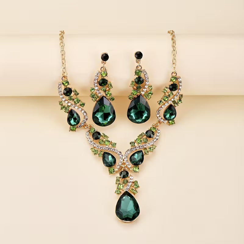 3pcs Set of Light Luxury Emerald Green -encrusted Vintage Alloy Rhinestone Women's Jewelry Set, Suitable for Banquets and Weddings, Ideal for Gifting