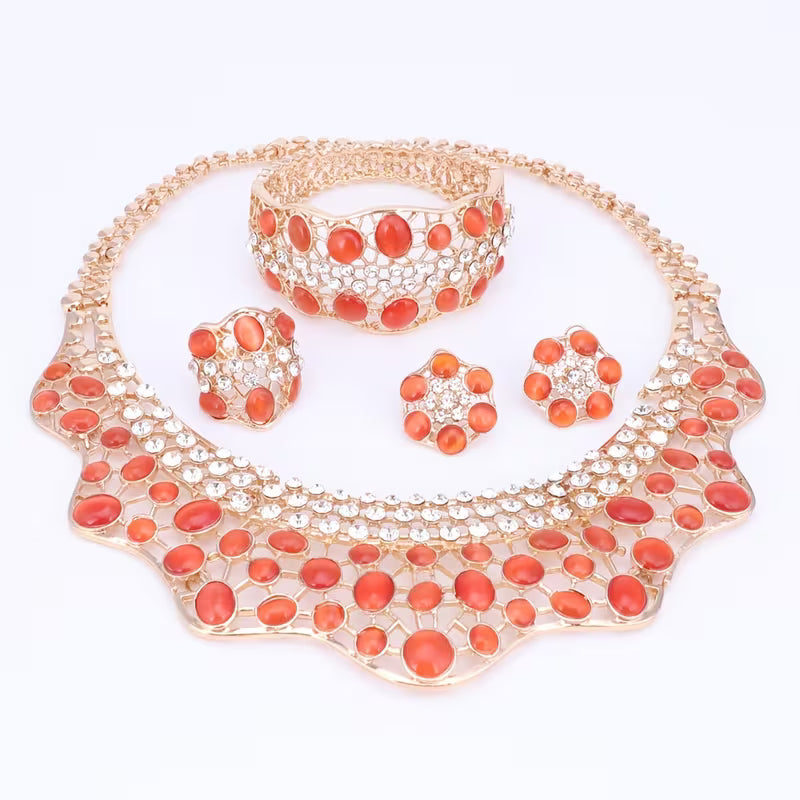 Elegant Jewelry Collection for Women Featuring Faux Cat'S Eye, Rhinestones, And a Golden Necklace, Earrings, Bangle, And Ring, Perfect for Banquets And Proms