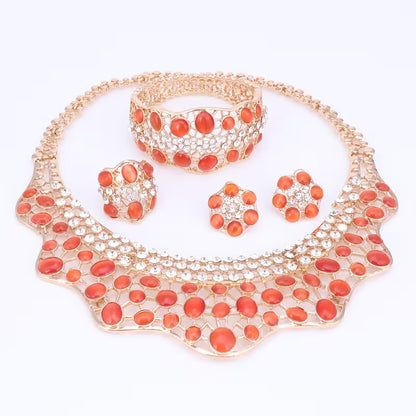 Elegant Jewelry Collection for Women Featuring Faux Cat'S Eye, Rhinestones, And a Golden Necklace, Earrings, Bangle, And Ring, Perfect for Banquets And Proms